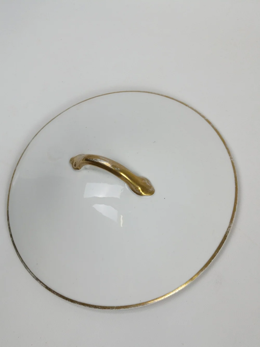 White Porcelain Covered Serving Bowl with Gold Handle